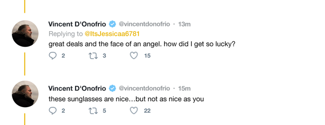 Illustration for article titled Head Over Heels: Vincent D’Onofrio Is Falling Deeply In Love With A Twitter Spambot Trying To Sell Him Ray-Bans